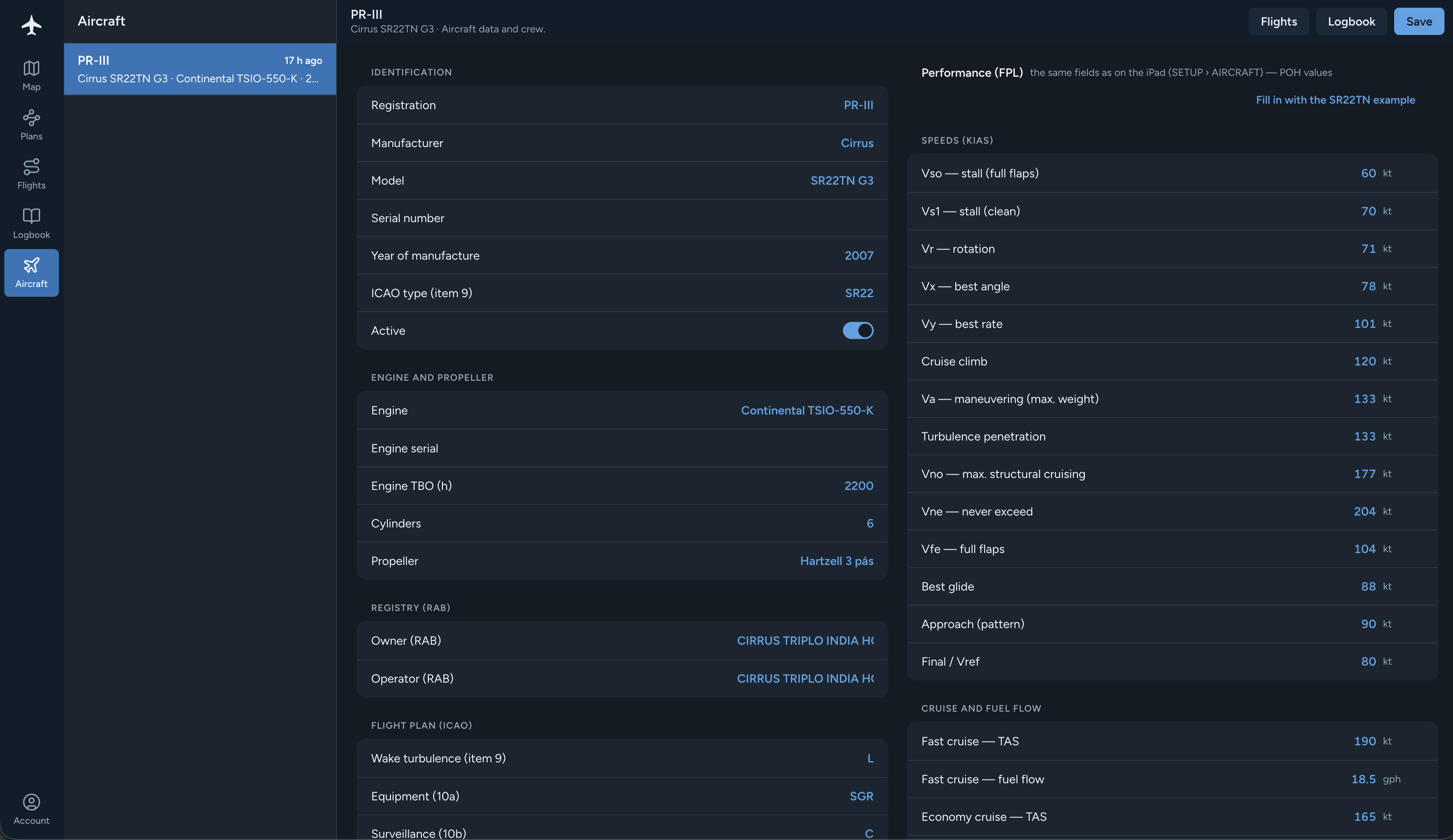 O perfil da sua aeronave na plataforma web FlightMate