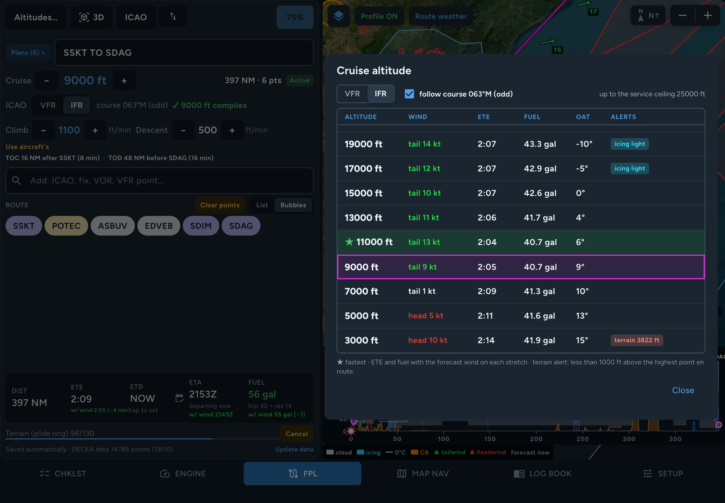Compare níveis de cruzeiro no app FlightMate para iPad