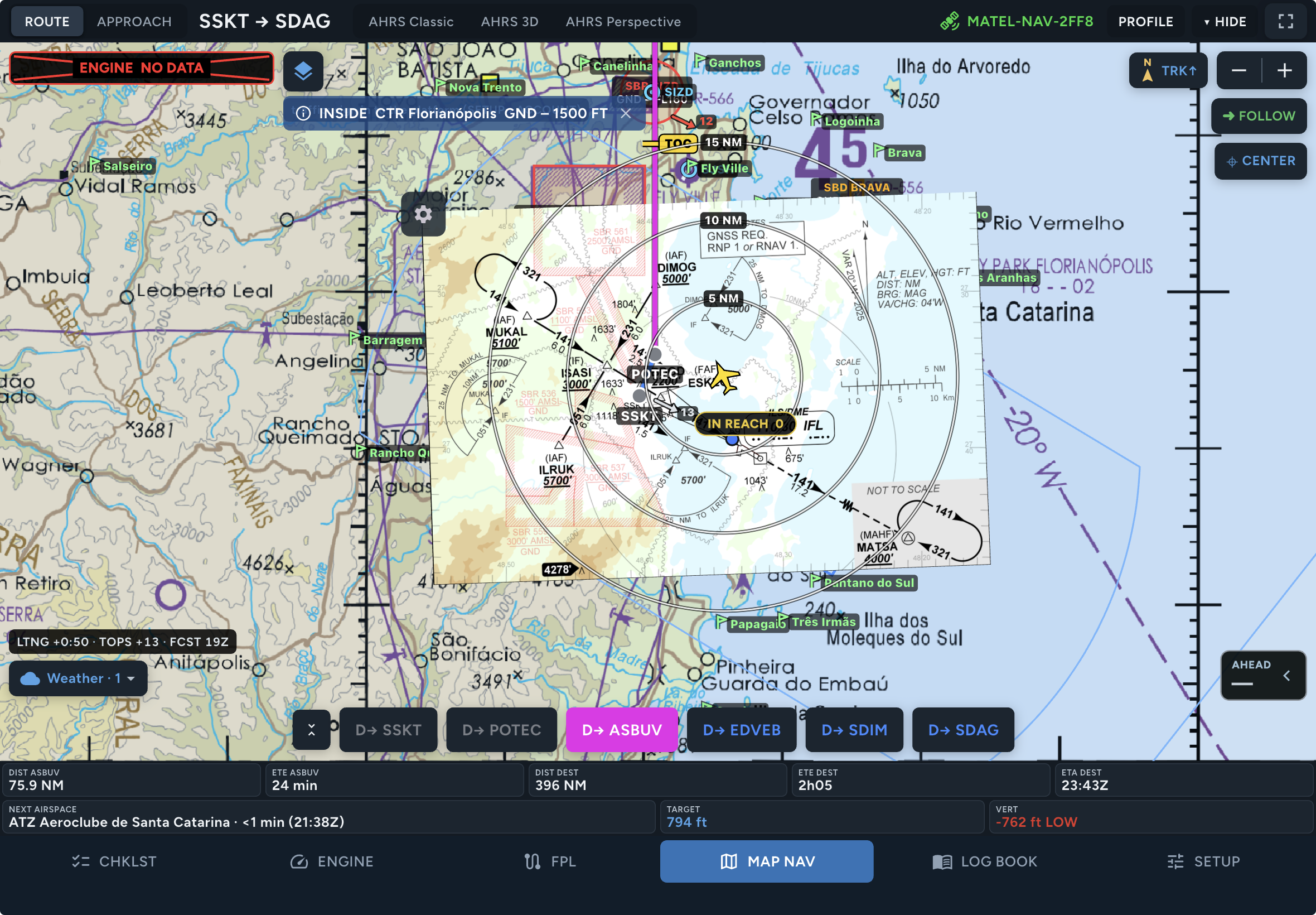 Carta de procedimento DECEA georreferenciada sobre o mapa no app FlightMate para iPad
