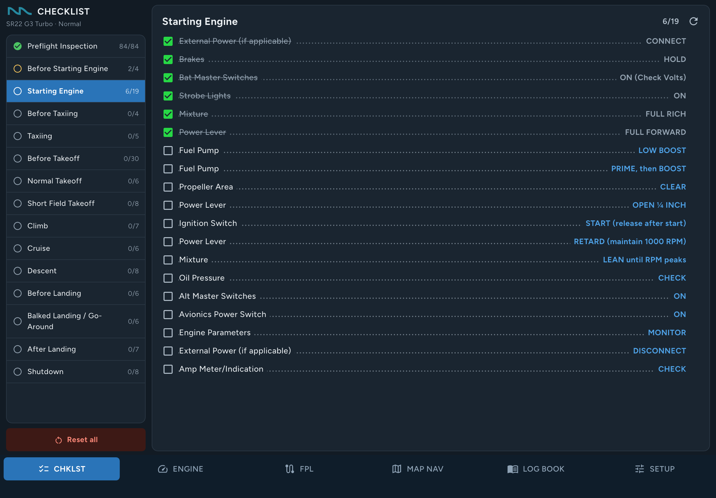 Checklist por fase do voo no app FlightMate para iPad
