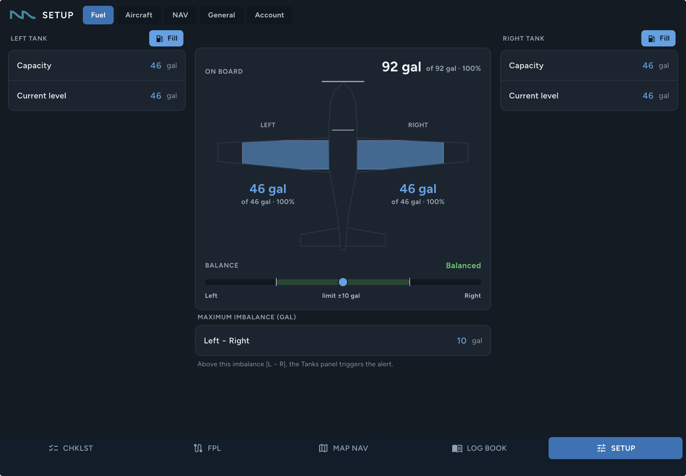 Configure os tanques no FlightMateAPP para iPad
