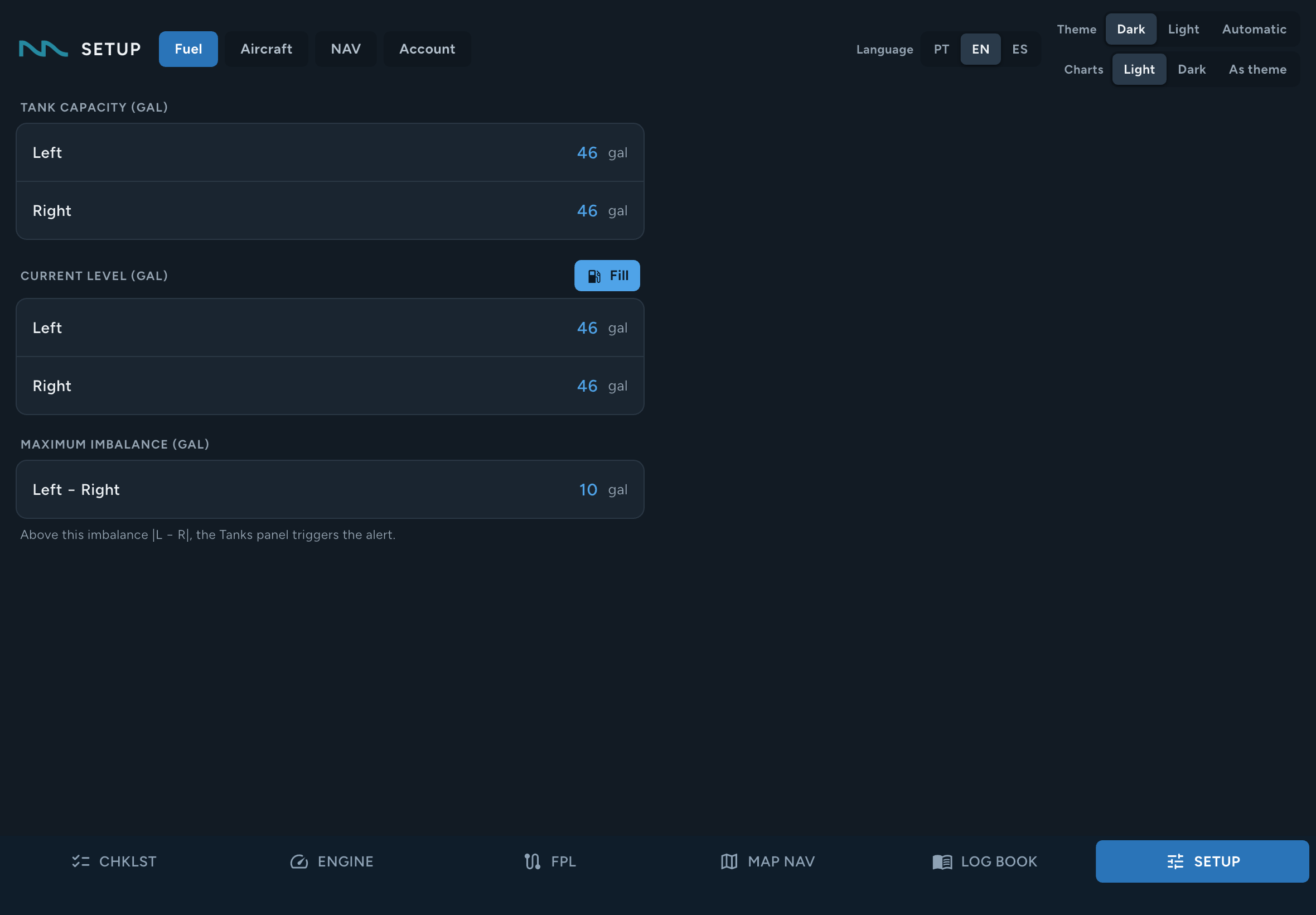Configure os tanques no app FlightMate para iPad