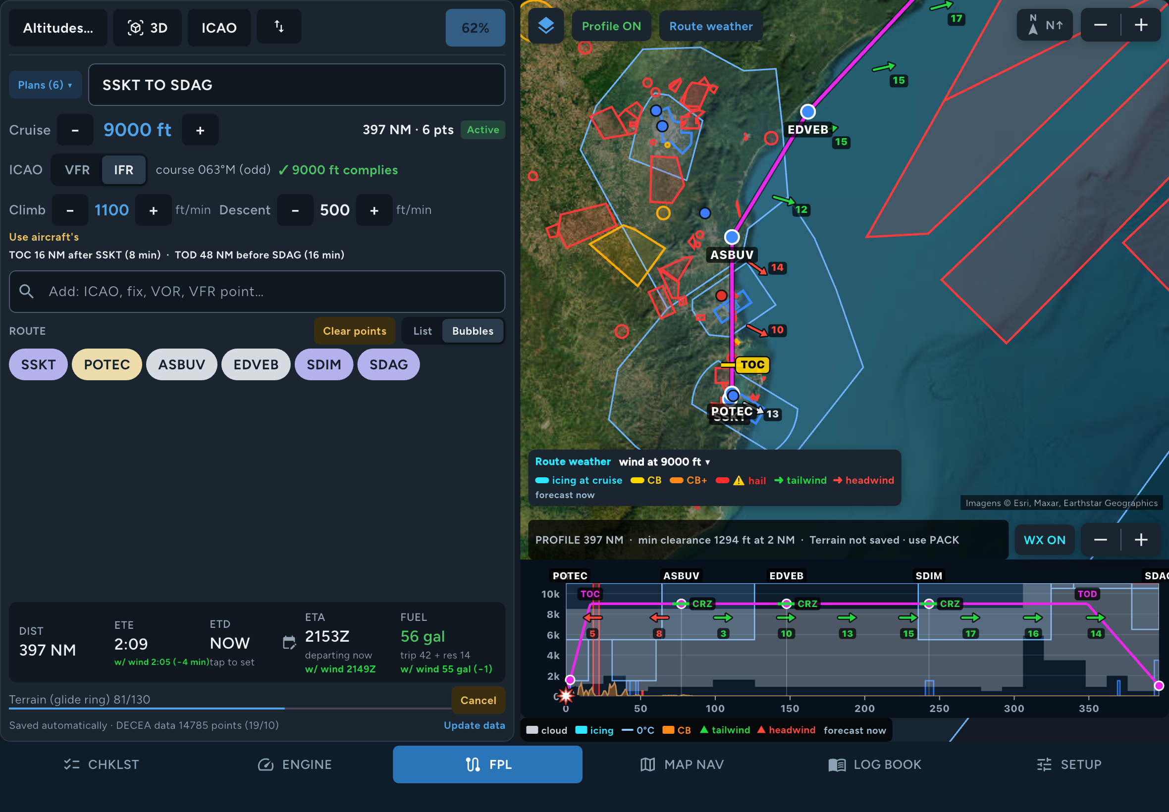 Meteorologia no contexto da rota no app FlightMate para iPad