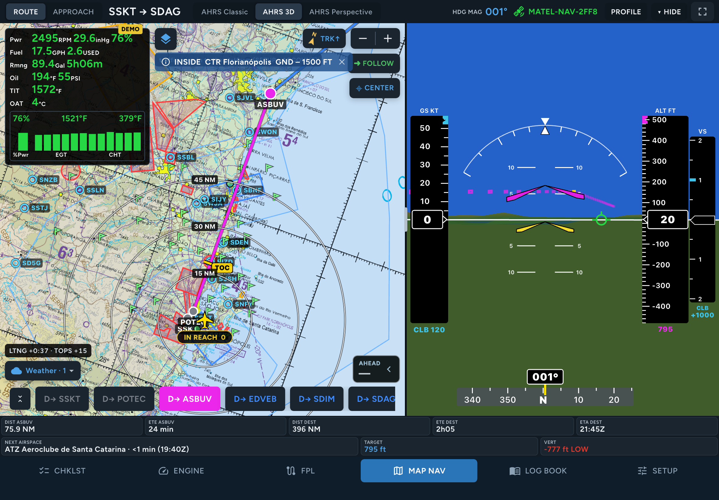 Mapa e instrumentos do FlightMate no iPad; painel de motor em modo DEMO