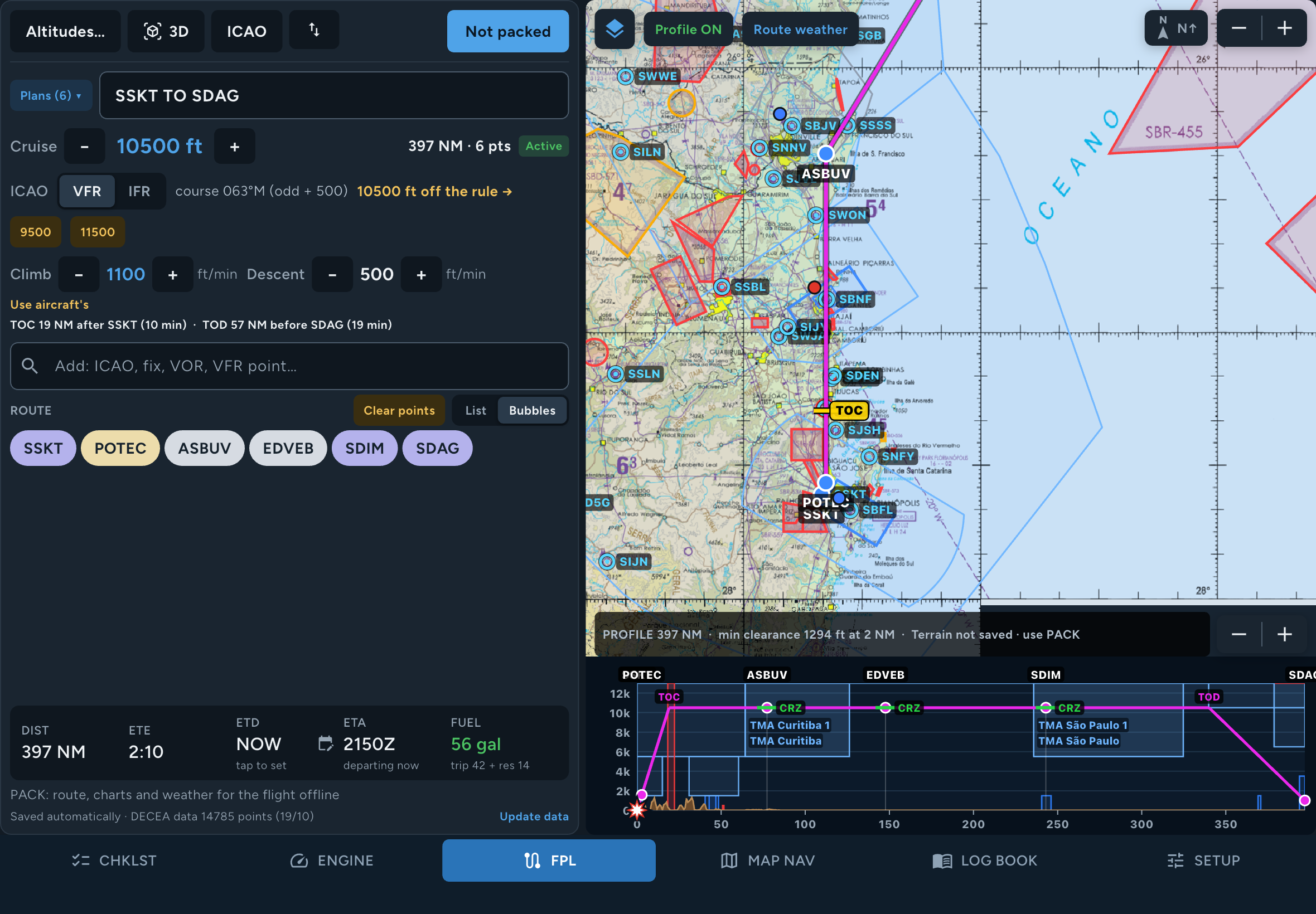 Planeje sobre a carta no app FlightMate para iPad
