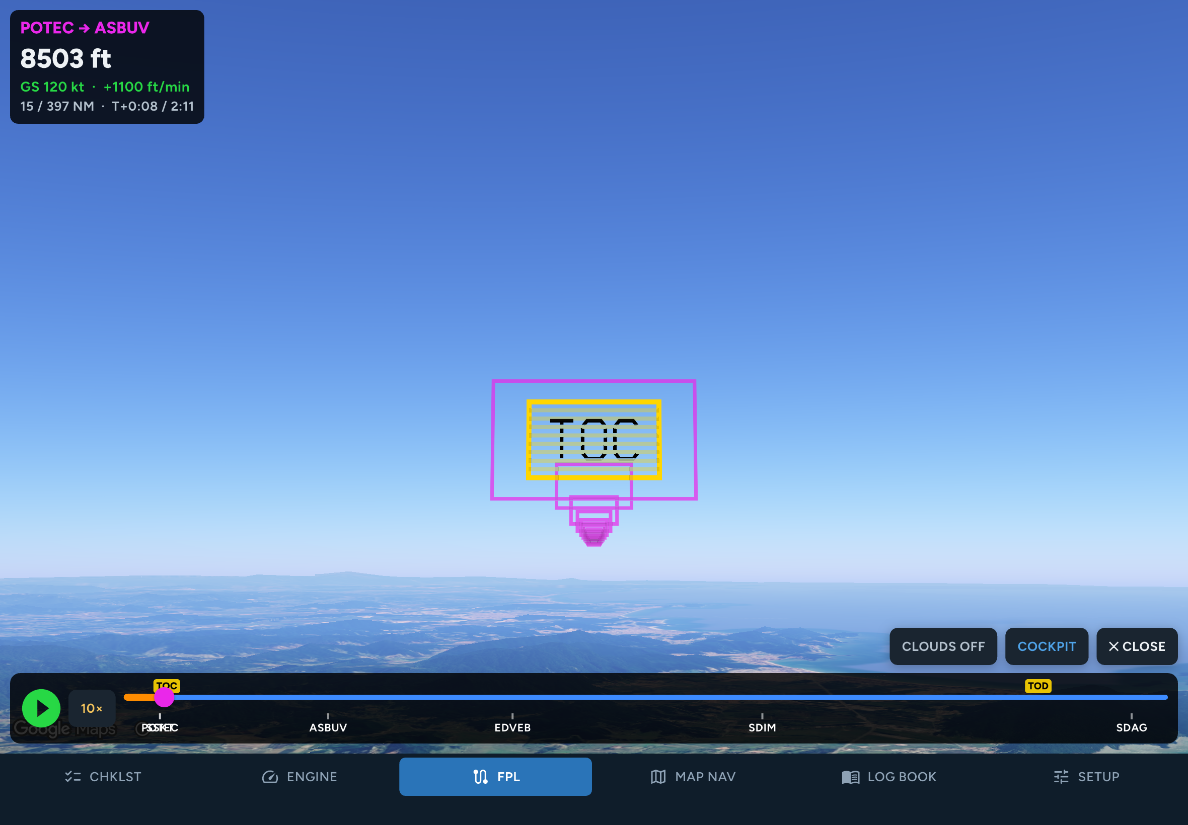 Sua trajetória em perspectiva no app FlightMate para iPad